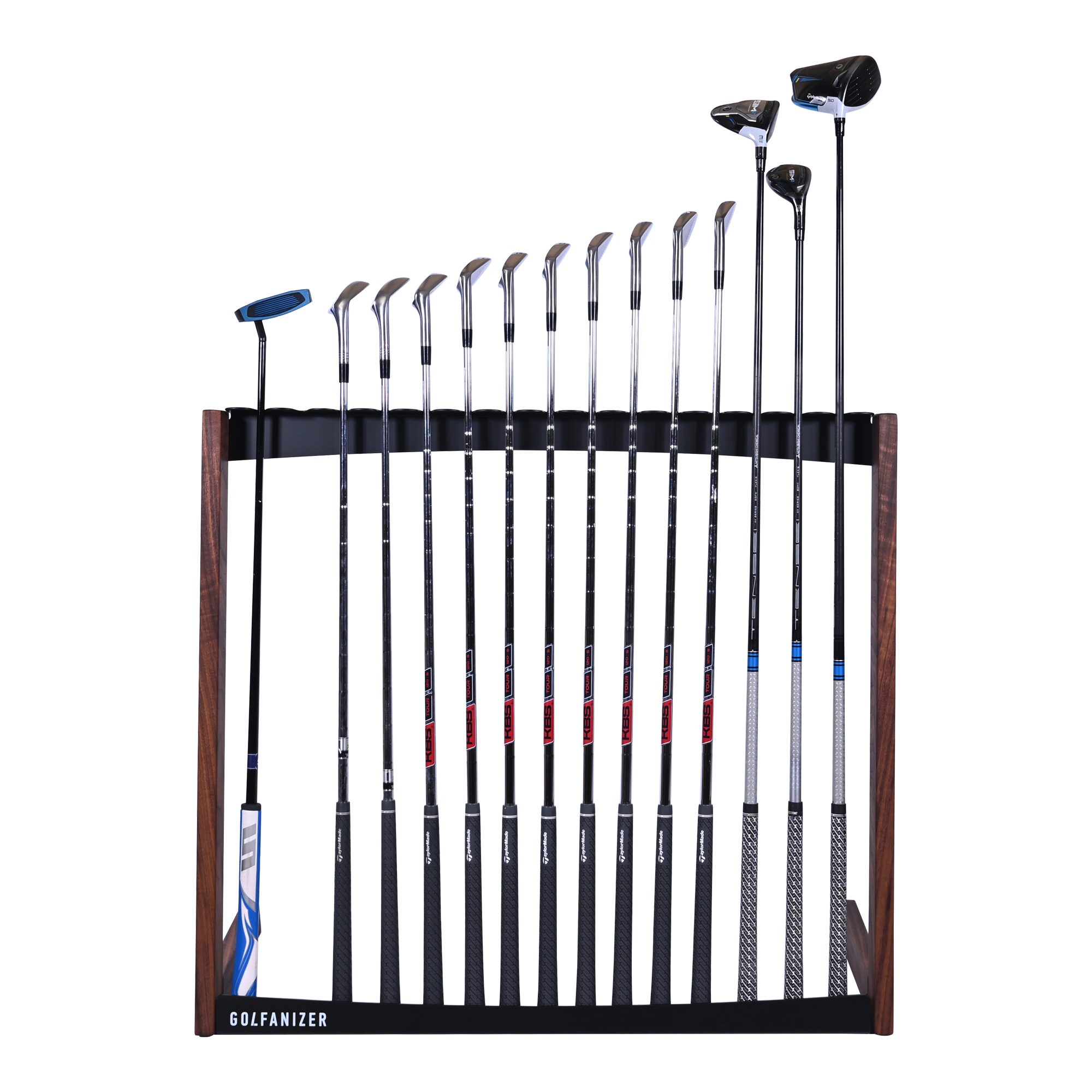 Golfanizer stand in walnut, front elevation with a full set of clubs